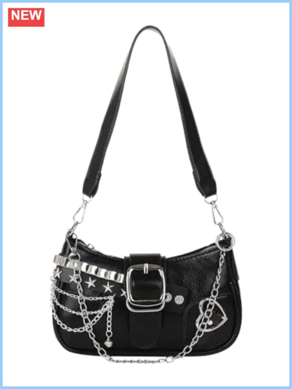 Y2k PU Leather Hobo Shoulder Bag Star Embroidery Metal Chain Handbag